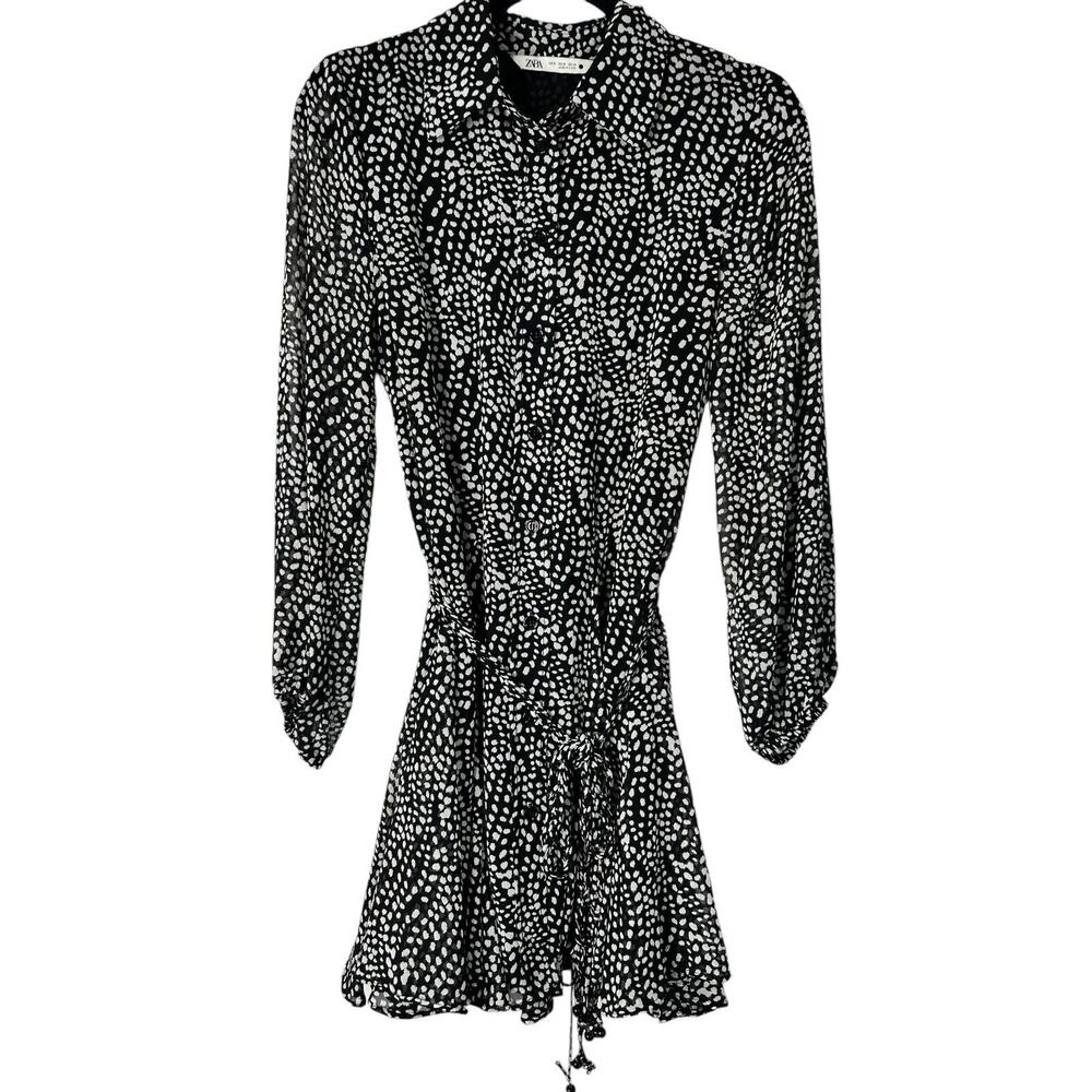 Zara Dress Womens Size M Black White Printed Button‎ Up Belted Casual Everyday